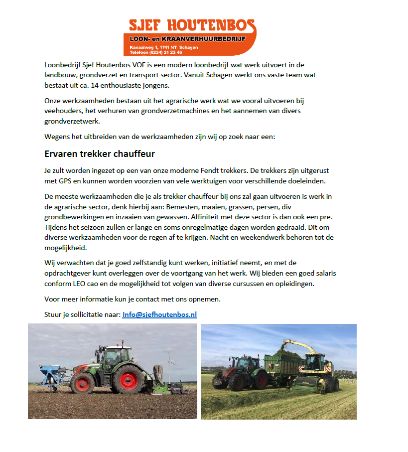 Vacature: ervaren trekkerchauffeur agrarisch werk